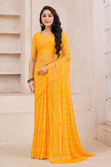 Casual Wear Mesmeric Chiffon Fabric Printed Saree In Yellow Color