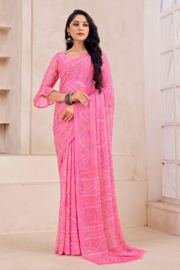 Pink Color Casual Wear Adroit Chiffon Fabric Printed Saree