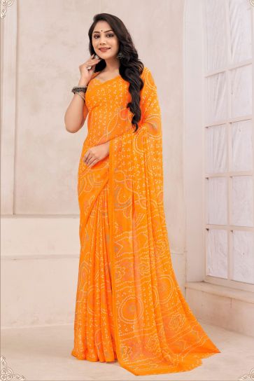 Casual Wear Orange Color Glorious Chiffon Printed Saree