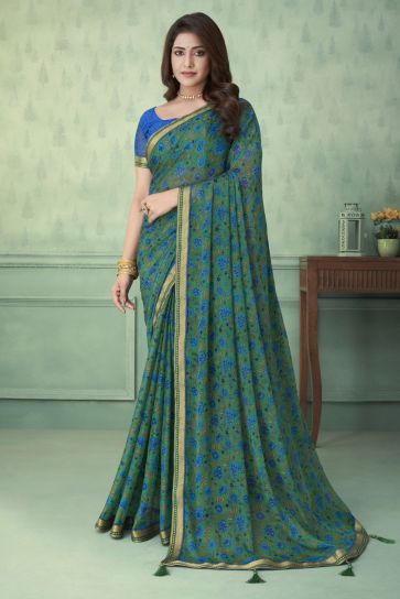 Sea Green Color Chiffon Fabric Printed Casual Wear Saree
