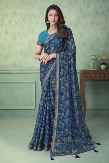 Navy Blue Color Printed Chiffon Fabric Daily Wear Saree