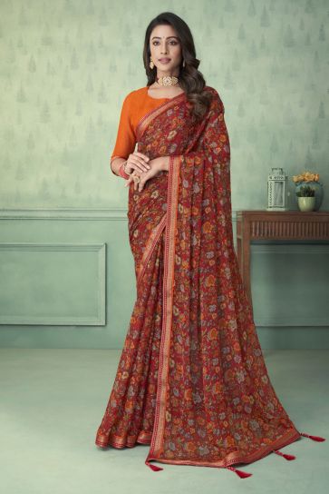 Chiffon Fabric Casual Wear Red Color Printed Saree
