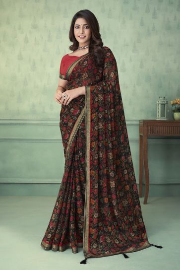 Black Color Daily Wear Printed Saree In Chiffon Fabric