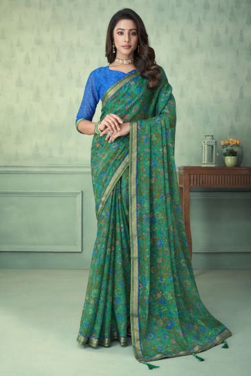 Sea Green Color Chiffon Fabric Fancy Printed Daily Wear Saree