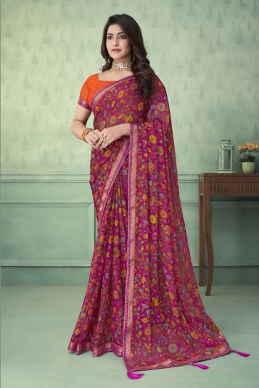 Chiffon Fabric Printed Magenta Color Casual Wear Saree
