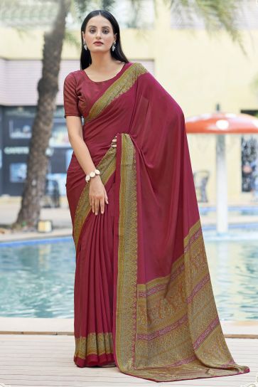 Charming Maroon Color Crepe Silk Fabric Casual Saree With Border Work