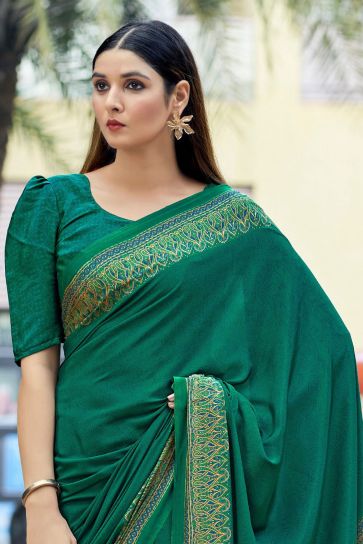 Mesmeric Green Color Border Work On Casual Saree In Crepe Silk Fabric