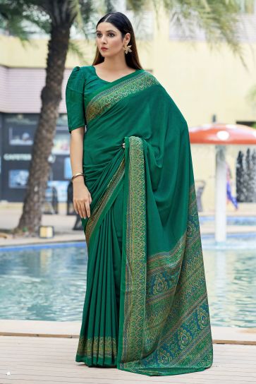 Mesmeric Green Color Border Work On Casual Saree In Crepe Silk Fabric