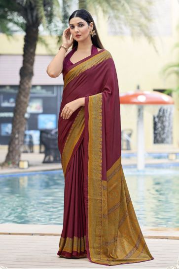 Excellent Crepe Silk Fabric Maroon Color Casual Saree With Border Work