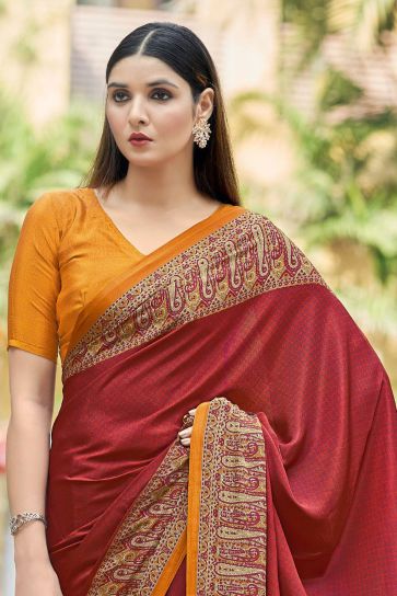 Red Color Border Work On Crepe Silk Fabric Beatific Casual Saree