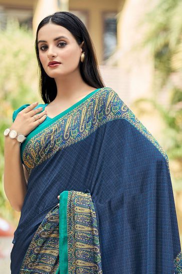 Beguiling Border Work On Blue Color Crepe Silk Fabric Casual Saree