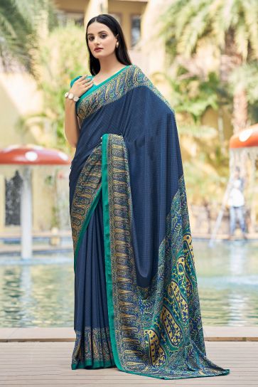 Beguiling Border Work On Blue Color Crepe Silk Fabric Casual Saree
