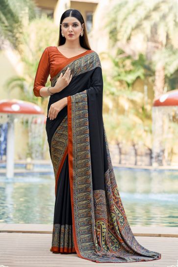 Tempting Crepe Silk Fabric Black Color Casual Saree With Border Work