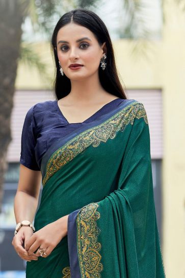 Engaging Green Color Crepe Silk Fabric Casual Saree With Border Work
