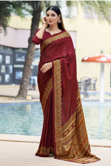 Classic Border Work On Maroon Color Casual Saree In Crepe Silk Fabric