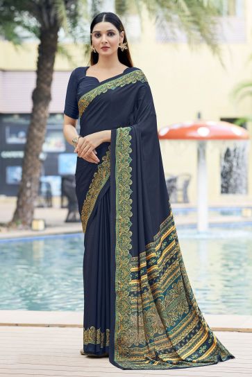 Dazzling Border Work On Navy Blue Color Casual Saree In Crepe Silk Fabric
