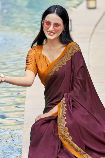 Entrancing Crepe Silk Fabric Casual Saree In Wine Color With Border Work