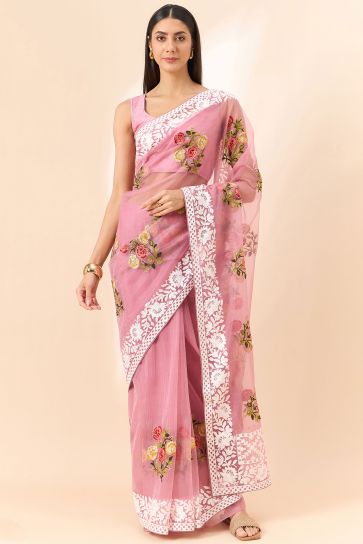 Exclusive Embroidered On Pink Color Saree In Organza Fabric