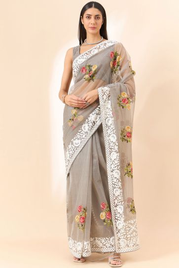 Grey Color Exquisite Embroidered Saree In Organza Fabric