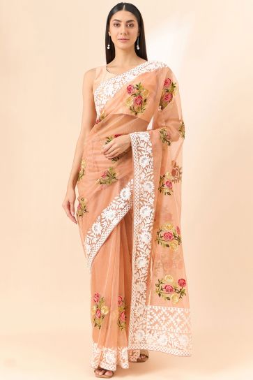 Attrective Organza Fabric Peach Color Saree With Embroidered Work