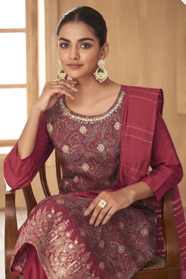 Maroon Color Beautiful Digital Printed Art Silk Salwar Suit