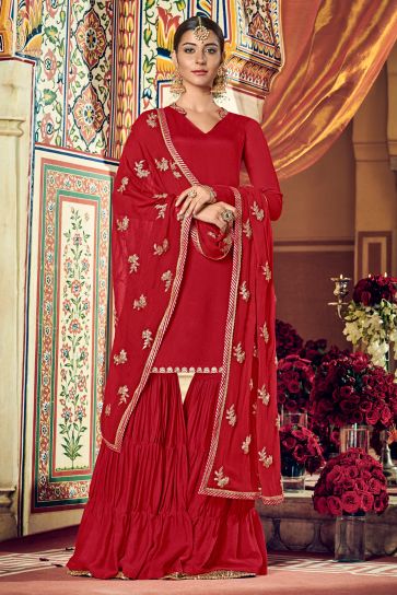 Georgette Fabric Function Wear Fashionable Palazzo Salwar Suit In Red Color