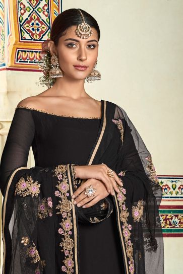 Black Color Function Wear Stylish Palazzo Salwar Kameez In Georgette Fabric