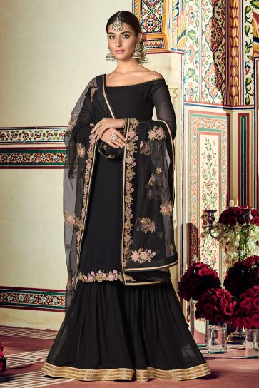 Black Color Function Wear Stylish Palazzo Salwar Kameez In Georgette Fabric