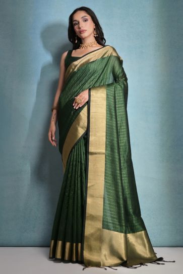 Green Color Art Silk Fabric Fancy Zari Border Work Saree