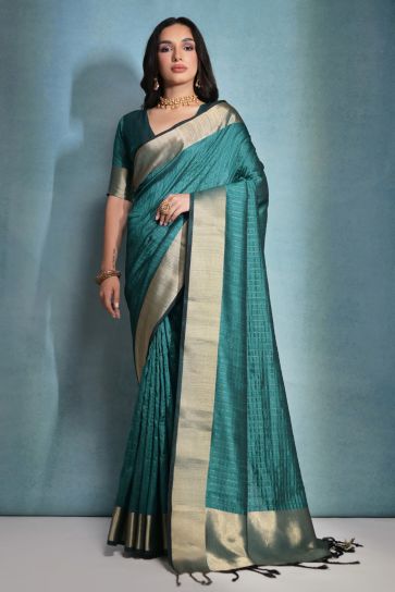 Teal Color Zari Border Work Function Wear Art Silk Fabric Saree