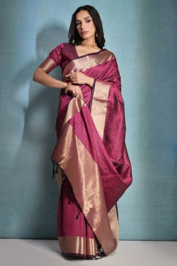 Attractive Rani Color Zari Border Work Art Silk Fabric Traditional Saree