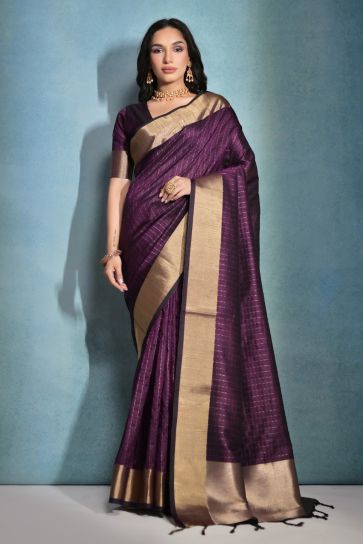 Delightful Purple Color Zari Border Work Art Silk Fabric Function Wear Saree