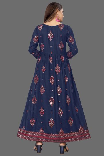 Soothing Rayon Fabric Casual Wear Navy Blue Color Foil Printed Work Readymade Kurti