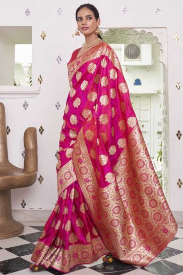 Rani Color Art Silk Fabric Stunning Function Wear Two Tone Saree With Weaving Work