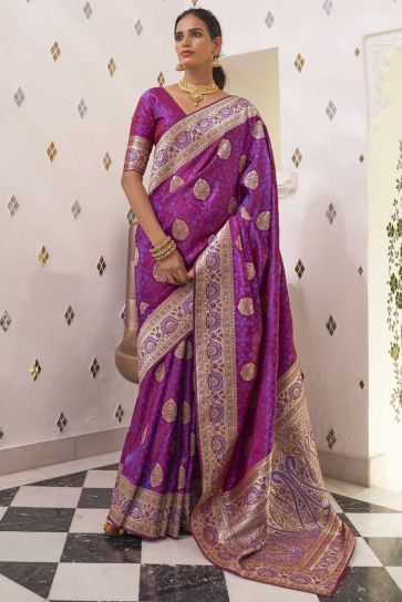 Function Wear Purple Color Art Silk Fabric Imposing Weaving Work Two Tone Saree