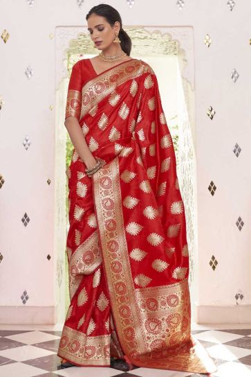 Function Wear Red Color Art Silk Fabric Bewitching Two Tone Saree With Weaving Work