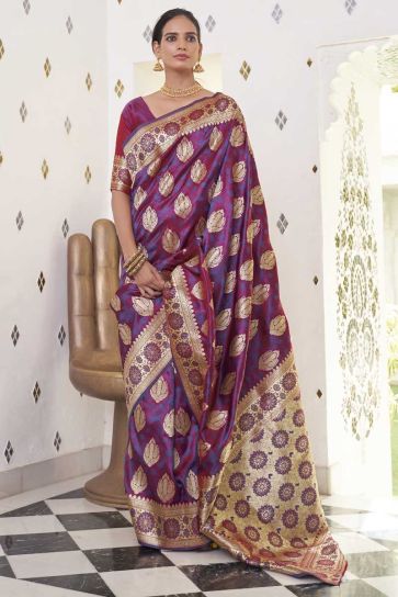Function Wear Weaving Work Wine Color Art Silk Fabric Vintage Two Tone Saree