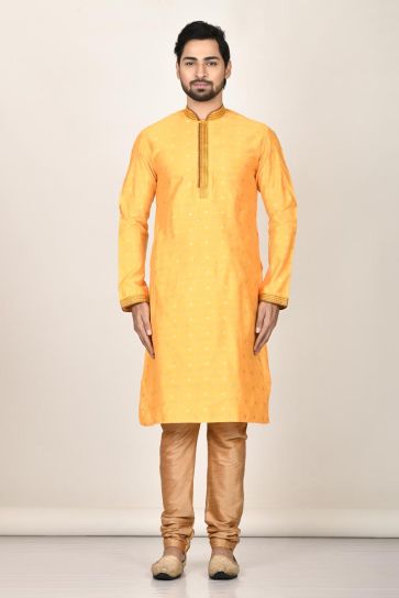 Striking Mustard Color Fancy Fabric Readymade Kurta Pyjama For Men In Function Wear