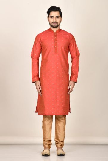 Vivacious Fancy Fabric Function Wear Readymade Kurta Pyjama For Men In Rust Color