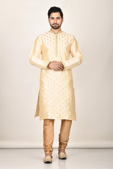 Attractive Cream Color Function Wear Readymade Kurta Pyjama For Men In Silk Fabric