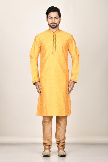 Readymade Majestic Mustard Color Cotton Fabric Function Wear Kurta Pyjama For Men