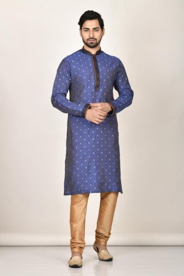 Blue Color Cotton Fabric Function Wear Magnificent Kurta Pyjama For Men