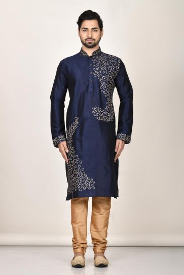 Trendy Textured Navy Blue Color Silk Fabric Function Wear Kurta Pyjama For Men