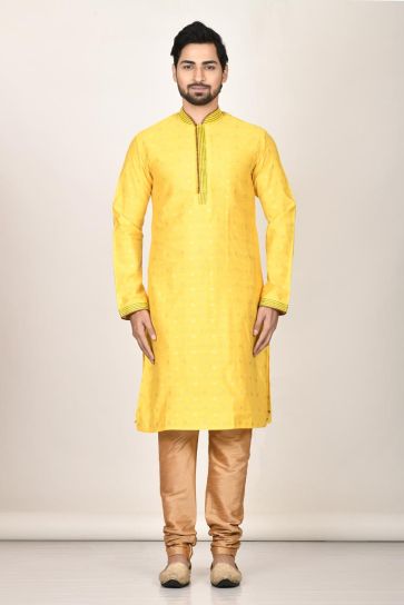 Intriguing Yellow Color Function Wear Readymade Kurta Pyjama For Men In Cotton Fabric