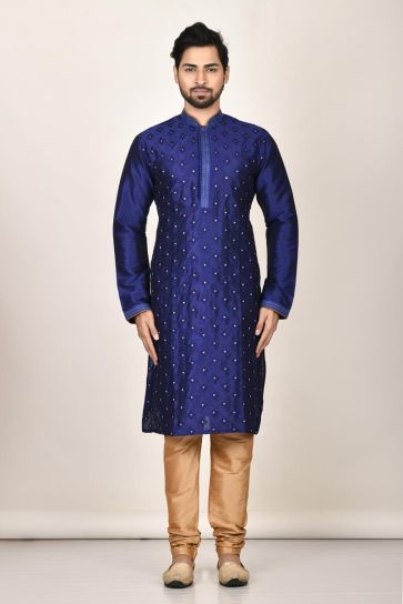 Blue Color Function Wear Readymade Provocative Kurta Pyjama For Men In Silk Fabric