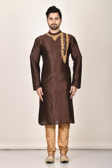 Captivating Silk Fabric Function Wear Stylish Readymade Kurta Pyjama For Men In Brown Color