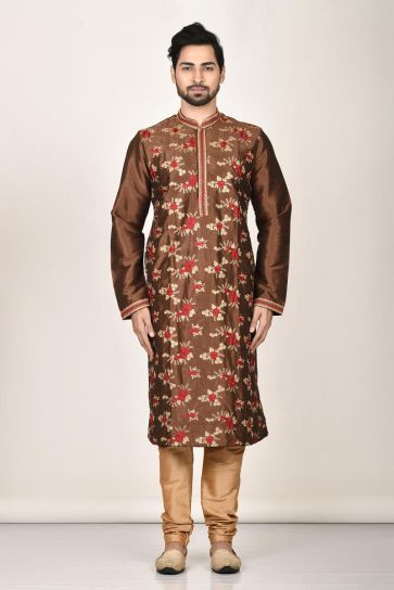 Enriching Brown Color Silk Fabric Function Wear Kurta Pyjama For Men