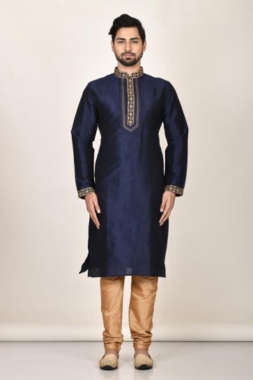 Extravagant Navy Blue Color Silk Fabric Readymade Kurta Pyjama For Men In Function Wear