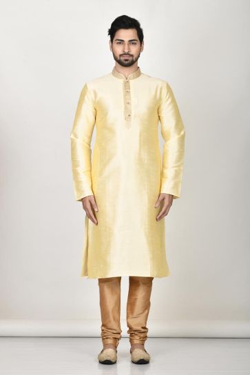 Adorning Cream Color Silk Fabric Function Wear Kurta Pyjama For Men