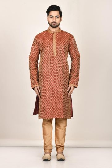 Appealing Rust Color Silk Fabric Function Wear Readymade Kurta Pyjama For Men